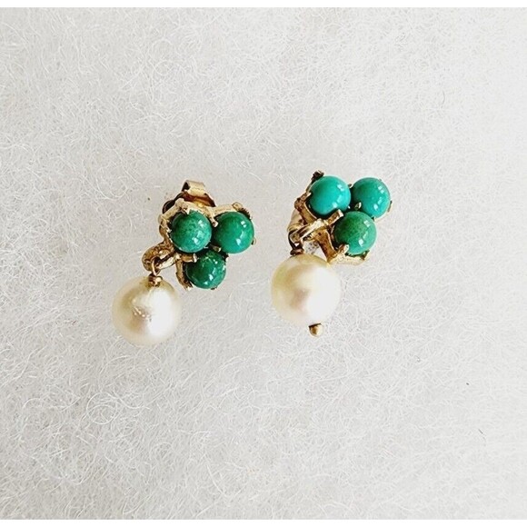 Vintage 14k Yellow Gold Bead Turquoise & 5.9mm Pearl Floral Dangle Earrings 2.1g - Picture 2 of 12